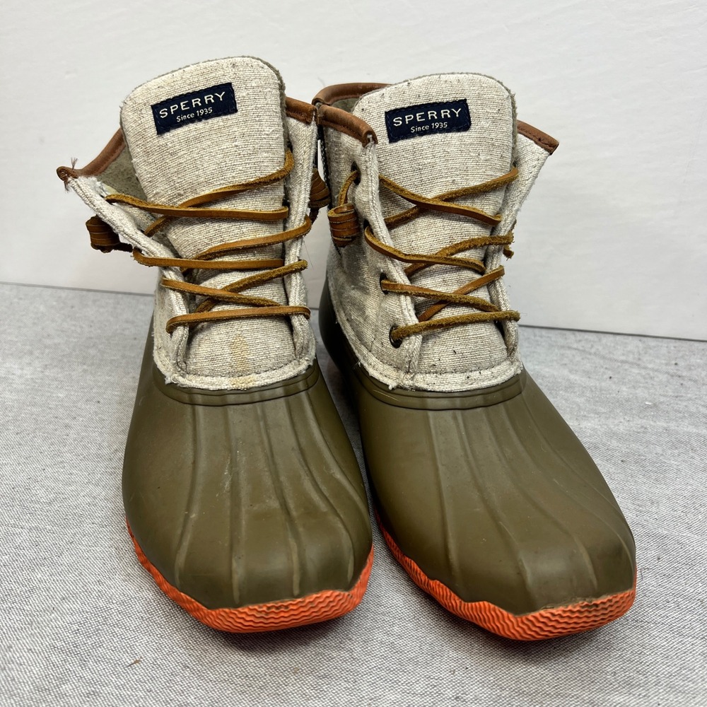 Sperry Saltwater Duck Boots Olive Green Oatmeal Canvas Orange Sole Womens 7.5